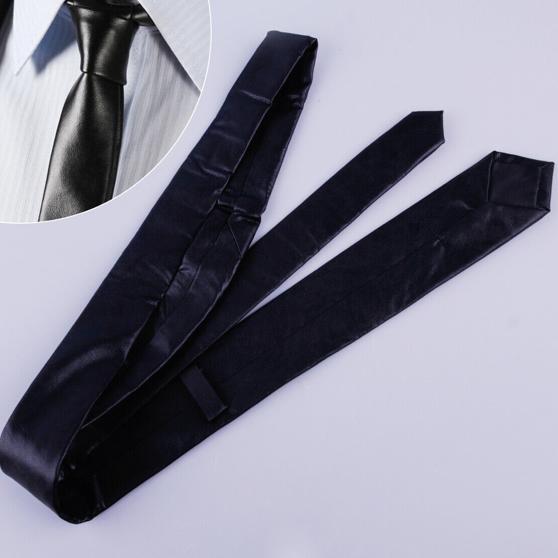 Men PU Leather Skinny Thin Necktie Party Wedding Dance Neck Tie Gift Black Li