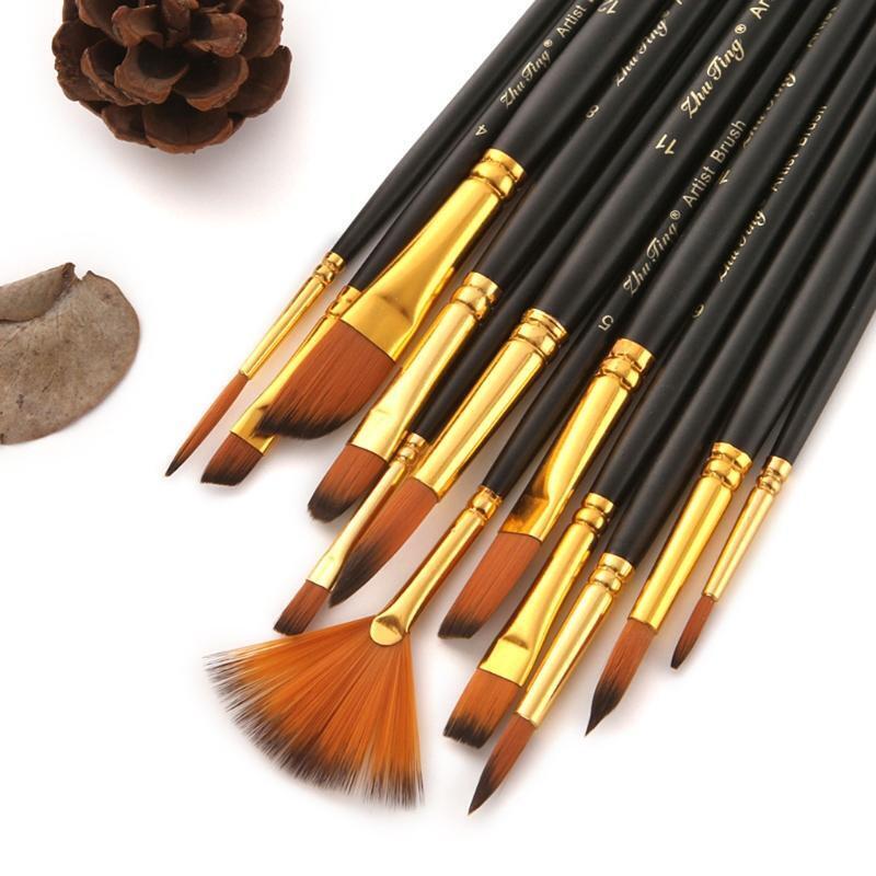 12pcs Nylon Hair Wooden Handle Watercolor Paint Brush Pen for DIY Oil Acrylic