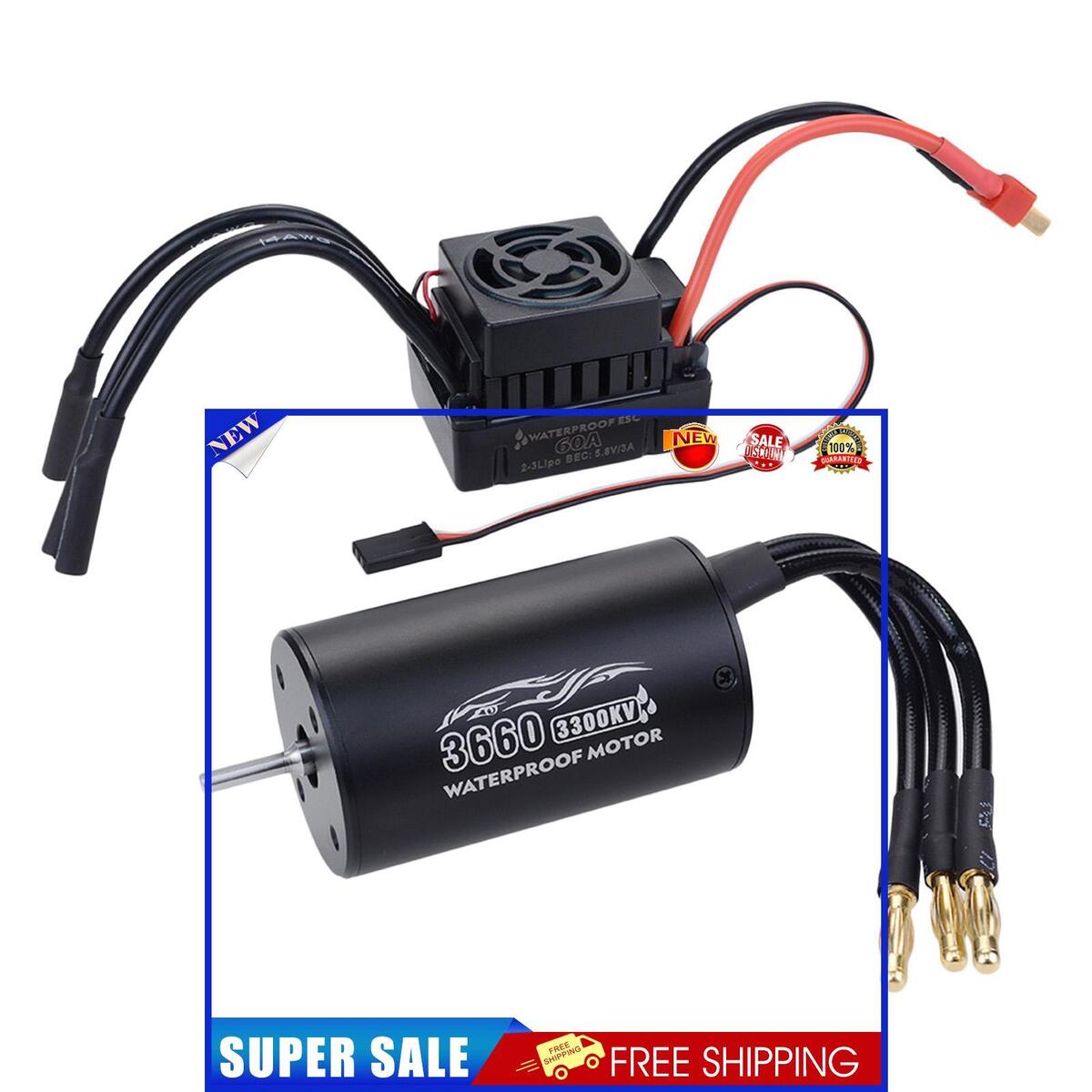 3660 4T 3300KV Waterproof Motor Brushless ESC Combo for 1/10 RC Cars Black