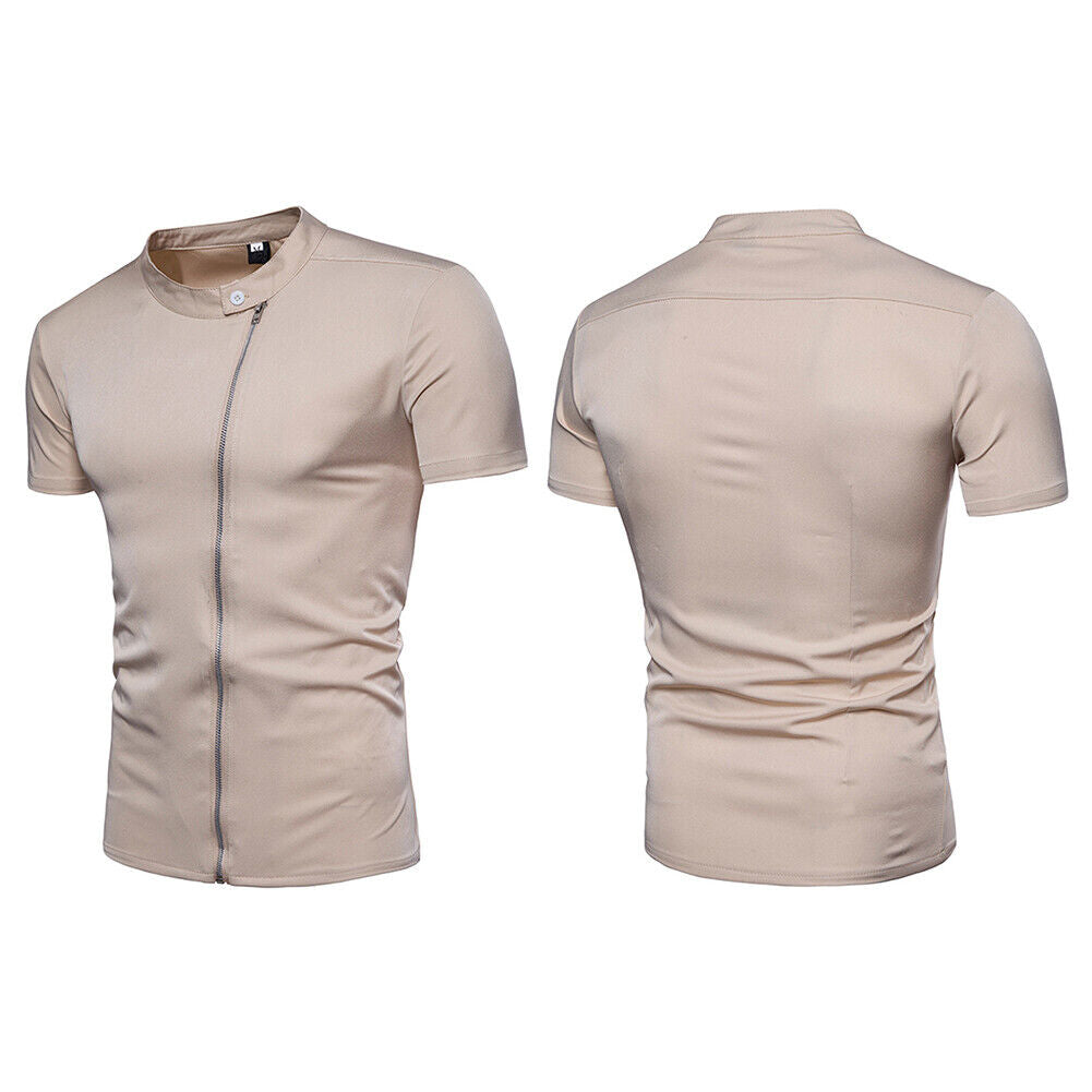Men Short Sleeve Fashion Solid Oblique Zipper Stand Collar Shirt(Khaki L)-2
