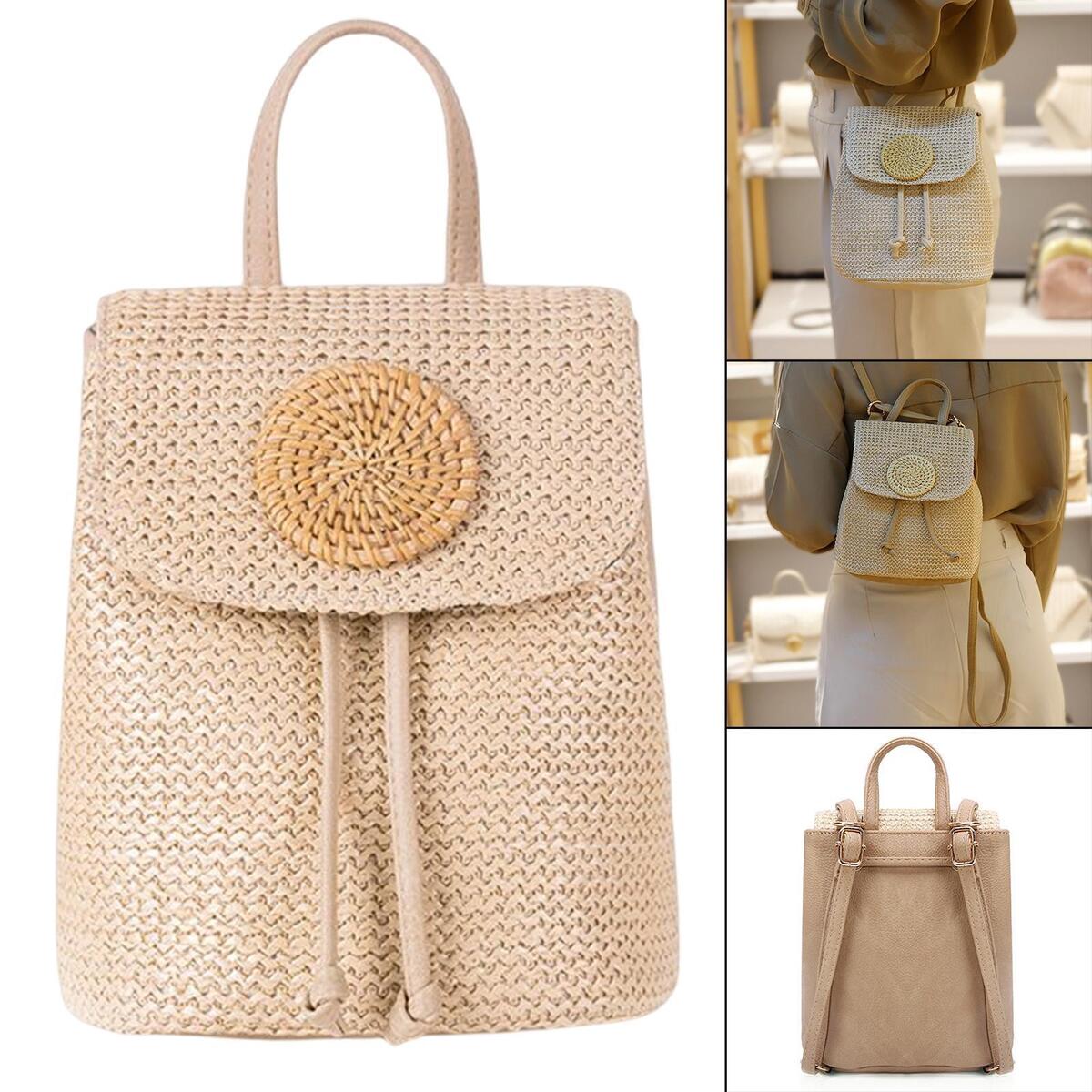 Straw Backpack Rattan Knitted Stylish Tote Handwoven for Summer Women Girls