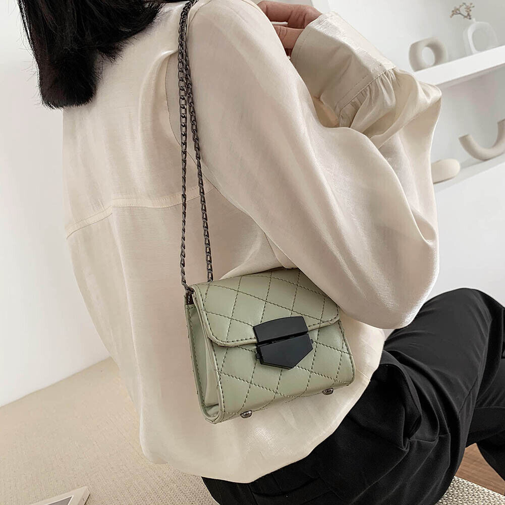 Women PU Leather Messenger Bag Chain Small Shoulder Satchel Bags (Green)