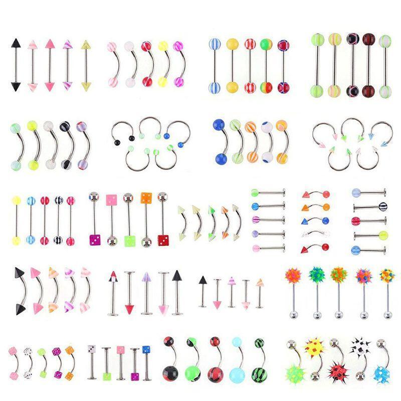 110 PCS Body Jewelry Piercing Eyebrow Navel Belly Tongue Lip Bar Ring