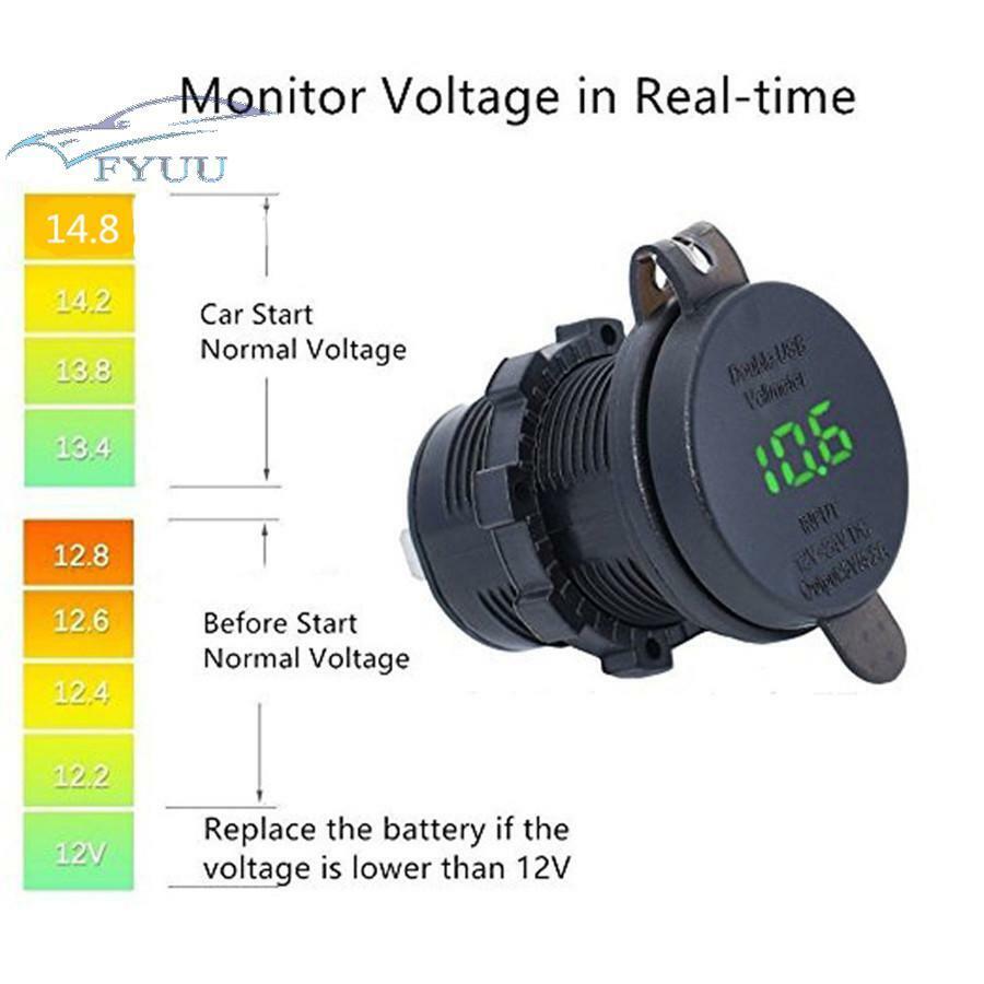 Car Motorcycle Green LED Light Voltage Voltmeter 3.1A Dual USB Charger Socket