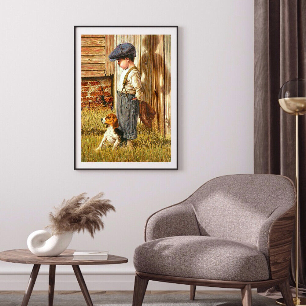 Little Boy and Dog Picture Rhinestone Full Round 5D DIY Diamond Painting