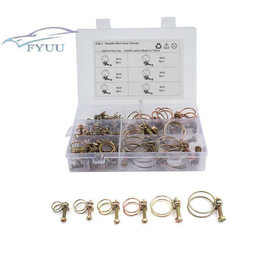 42pc Universal Adjustable Type Screw Bolt Tight Double Wire Hose Clamp Pipe Clip