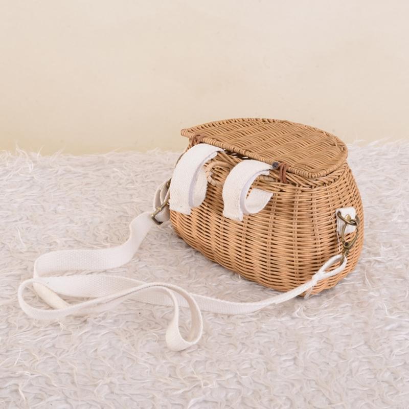 Portable Rattan Basket Shoulder Bag with Long Strap Kids Woven Basket Bag Props