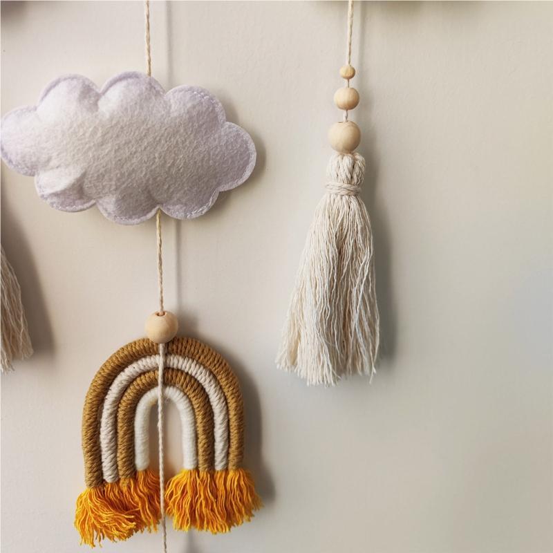 Nordic Rainbow Cloud Shape Wall Hanging Ornament Wooden Stick Tassel Pendant