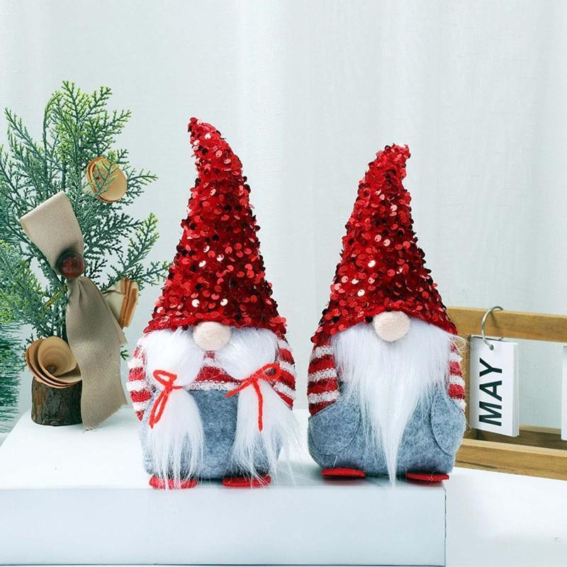 Christmas Gnome Red Sequins Hat Plush Beard Xmas Elf Decoration New Year Holiday