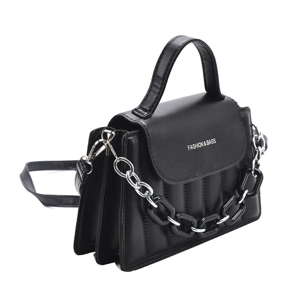 Casual Women Pure Color PU Chain Shoulder Bag Fashion Mini Handbags (Black)