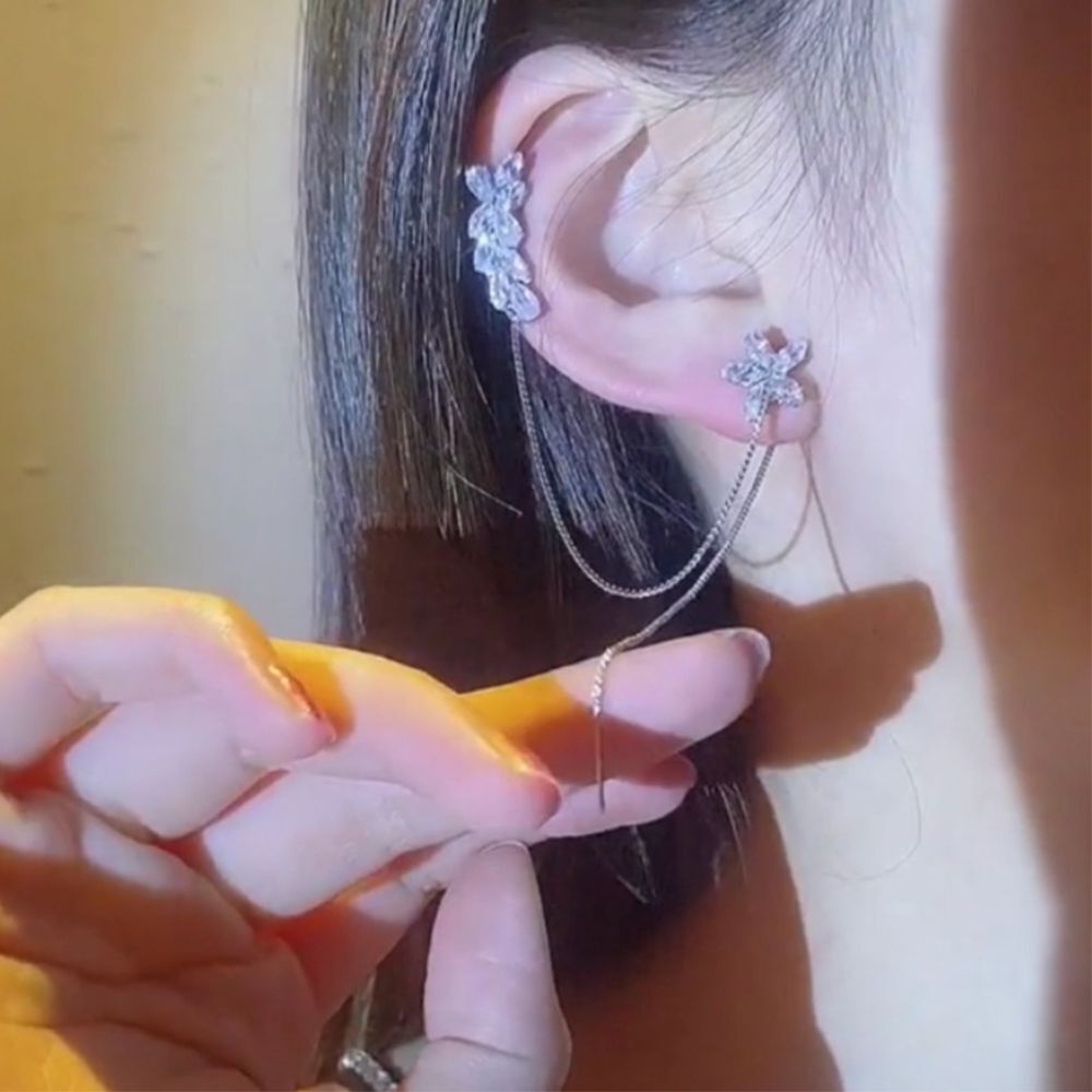 Chain Crystal Water Flower Ear Clip Ear Bone Tassel Earring Stud Earring