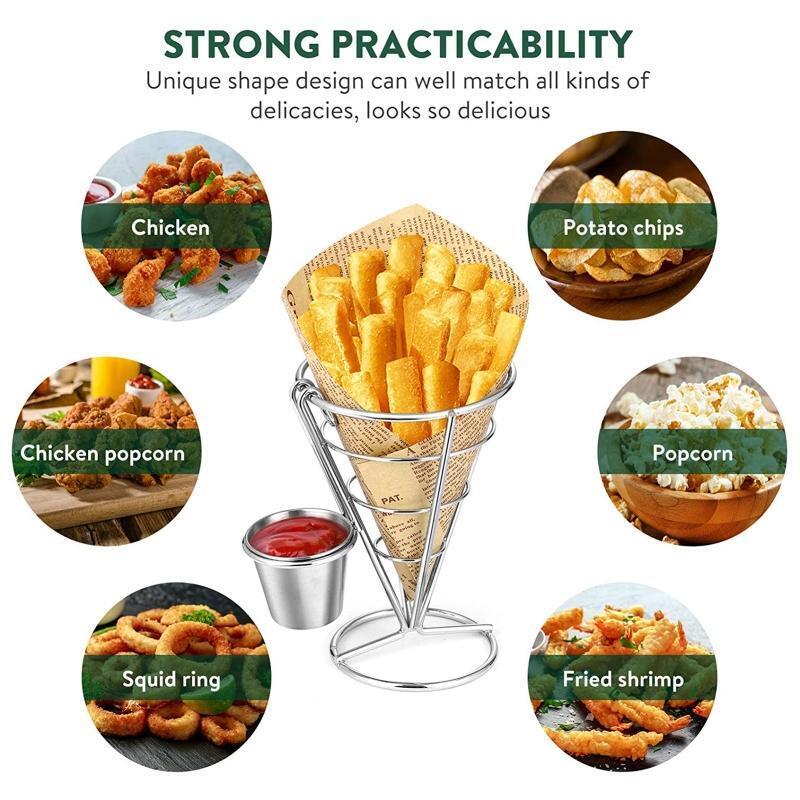 Stainless Steel Fry Holder With Sauce Dippers Metal Fried Chicken Display Rack