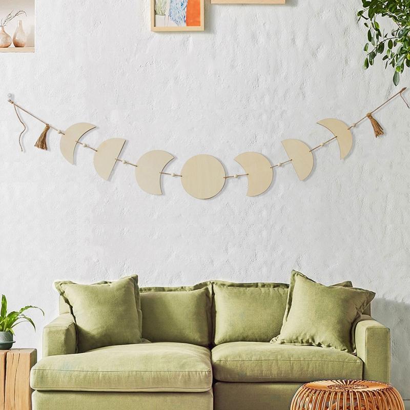 Boho Moon Star Wood Chip Pendant Bohemian Mural Decoration Tassel Bedroom Gift