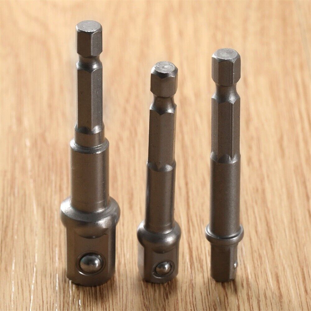 Screwdriver Impact Drill 3pc Socket Adapter Hex to 1/4" 3/8 1/2 Inch Bit Ratchet