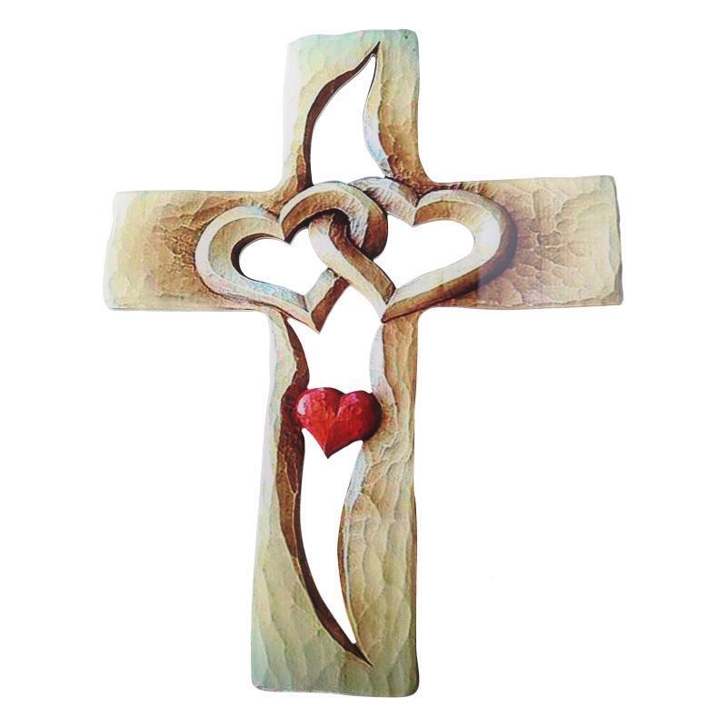 Carved Wooden Cross Valentine's Day Wooden Love Heart Cross Intertwined Hearts