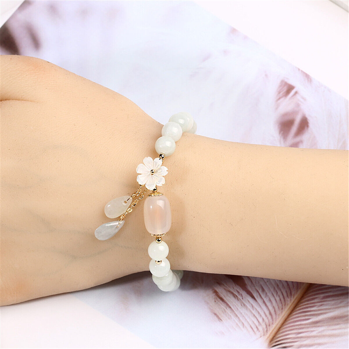 Natural Jade Agate Beads Water Drop Shell Flower Bracelet Bangle Women Jewelry