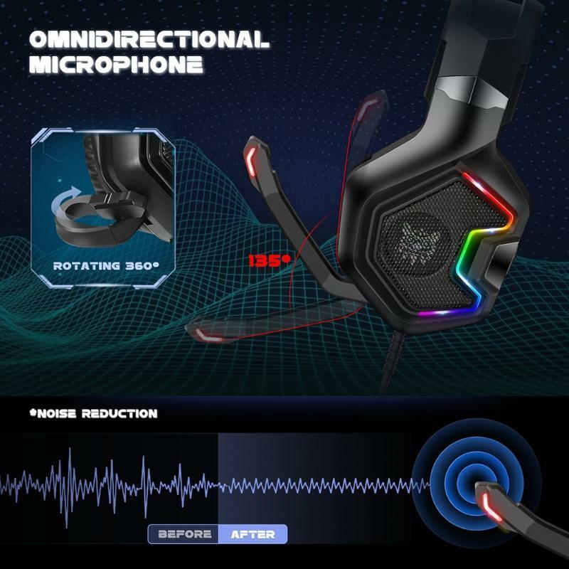 Gaming Headset with Breathing RGB LED Light Effect Wired Headset Noise Cancel