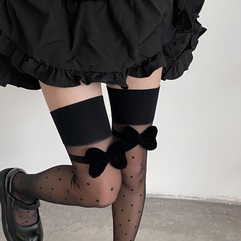 Women Lolita Sheer Thigh High Stockings Polka Dot Sweet Big Bow Over Knee Socks