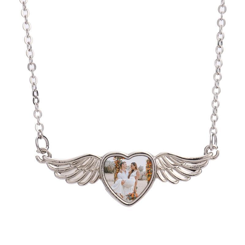 Sublimation Blank Picture Necklace Heart Shape Bezel Pendant Trays with Wing
