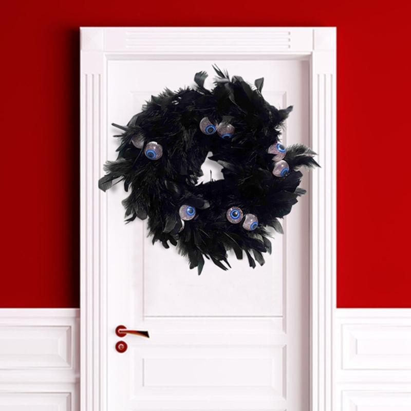 11in Black Natural Cocktail Feather Wreath with Eye Halloween Decor Door Wreath