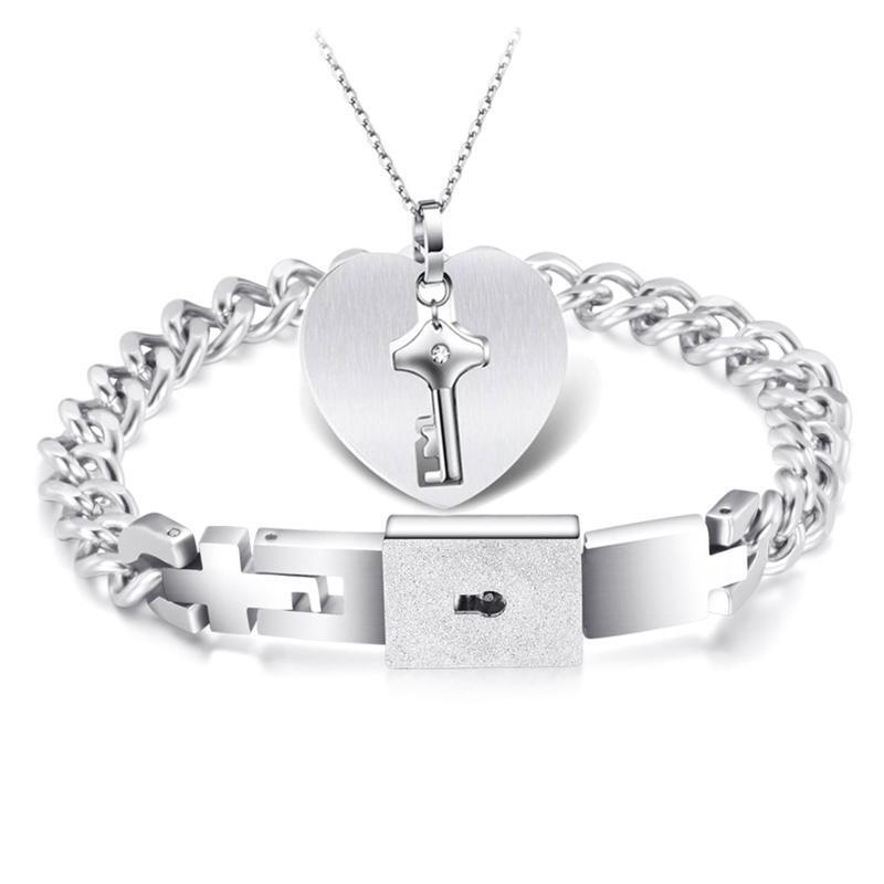 Couple Jewelry Bracelet Love Heart Lock Bracelet Key Pendant Necklace Set