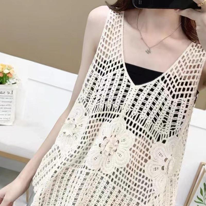 Women Crochet Sleeveless Tank Top V-Neck Hollow Knit Floral Beach Sweater Vest