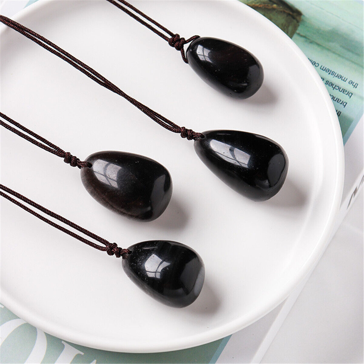 Black Obsidian Necklace Pendant Stone Waterdrop Shape Crystal Beaded Chain