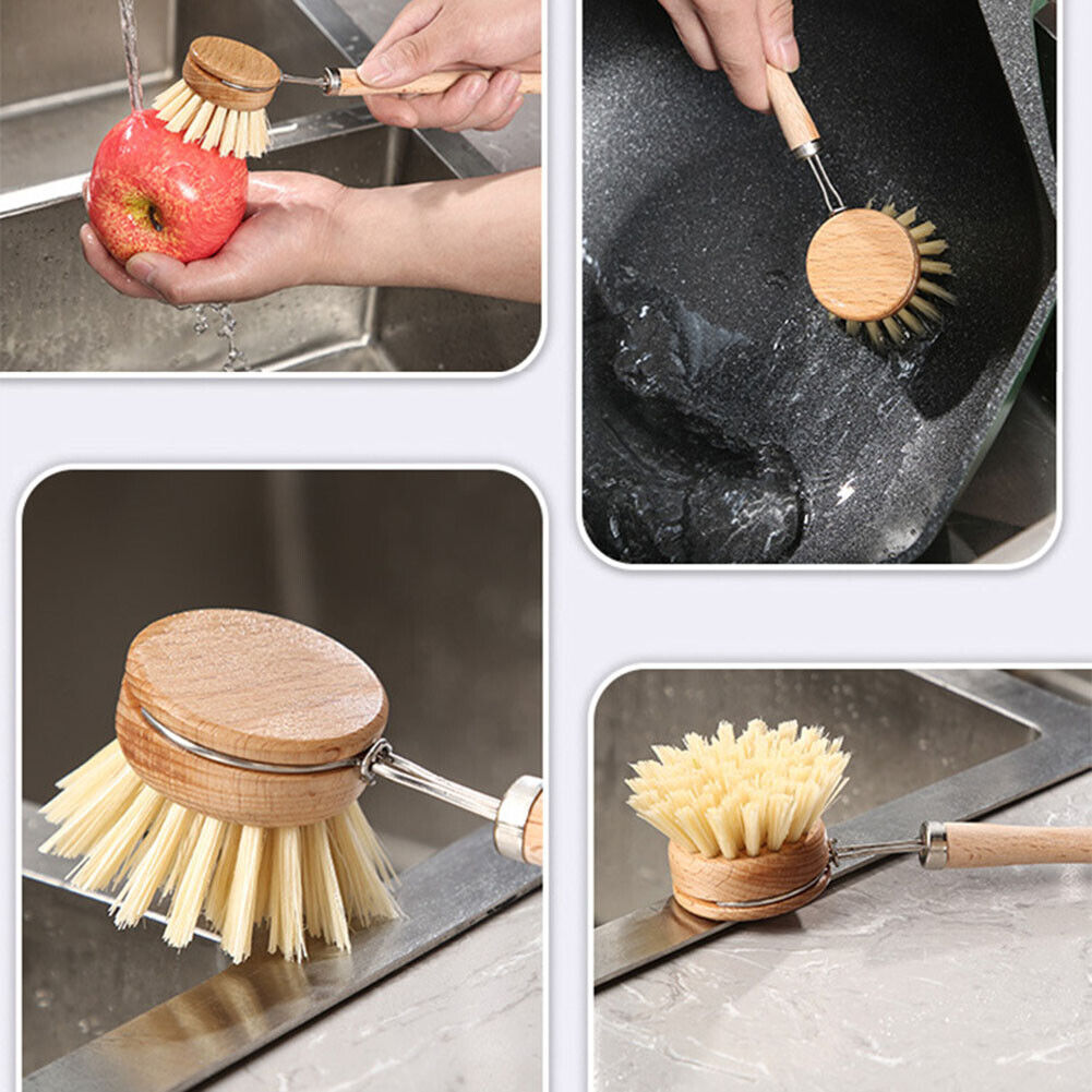 Wooden Long Handle Pan Pot Brush Dish Plate Washing Cleaning Scrubber (A)