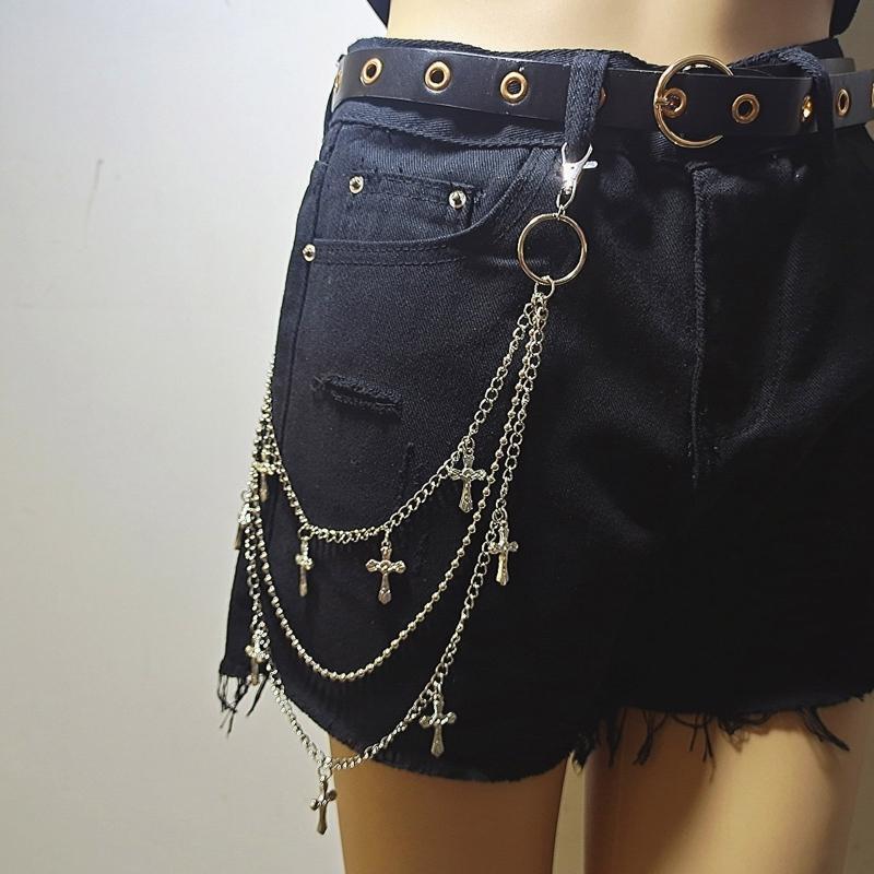 Fashion Harajuku Women Punk Chain Belt Multi-Layer Cross Pendant Chain for Jeans