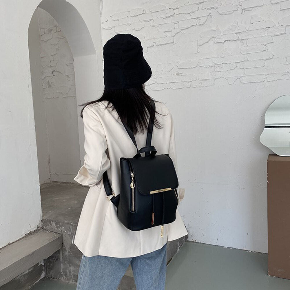 Fashion Women PU Pure Color Backpack Casual Drawstring Handbags (Black A)
