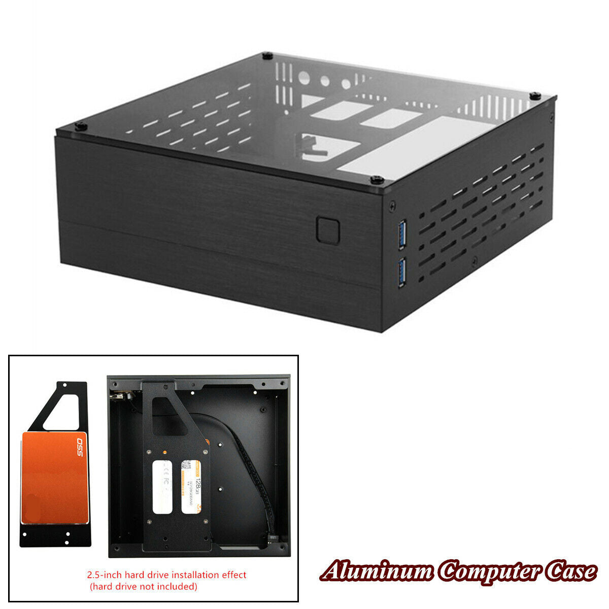 Black Aluminum AC-DC HTPC Computer Box Desktop PC Enclosure For MINI-ITX(17x17)