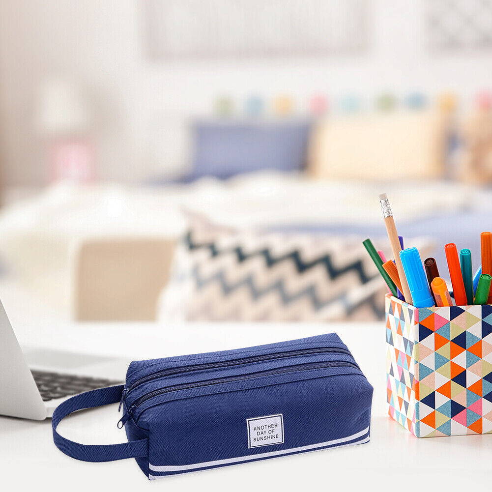 Large Capacity Pencil Case Bags Zipper Solid Stationery Box (Navy Blue)