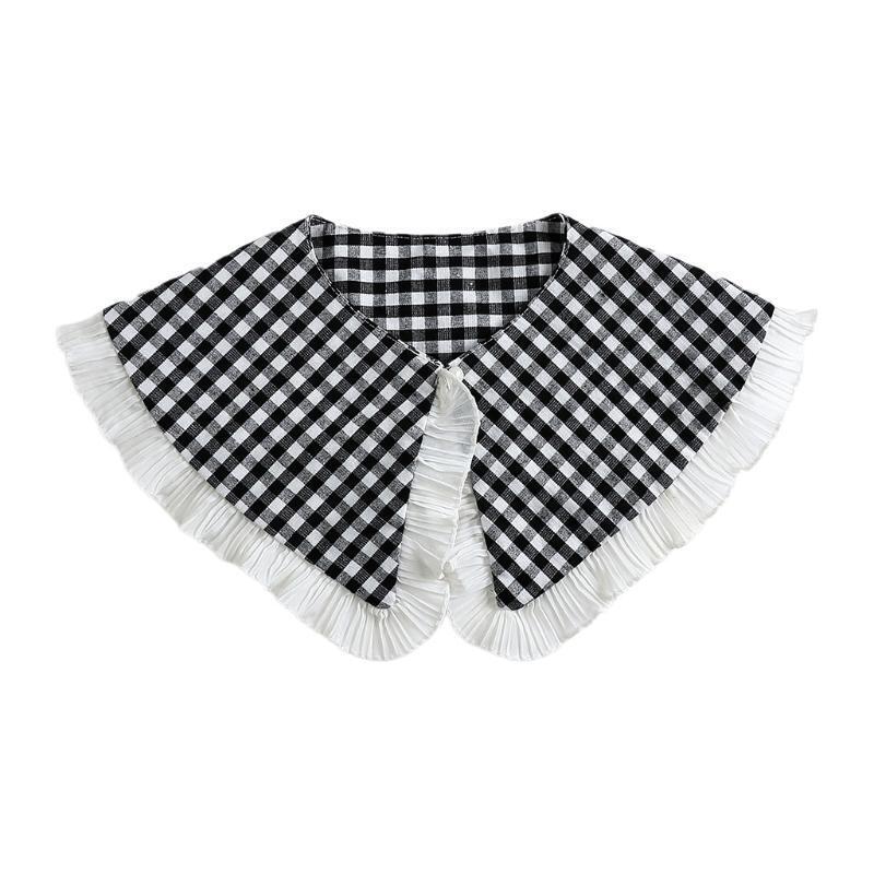 Women Black White Plaid False Collar Shawl Student Ruffles Necklace Mini Capelet