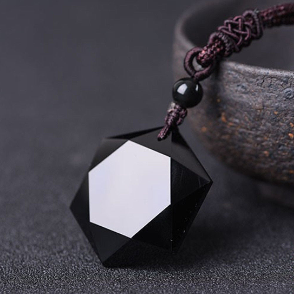 Men Blessing Jewelry Lucky Obsidian Pendant Necklace Amulet Hexagram Shape