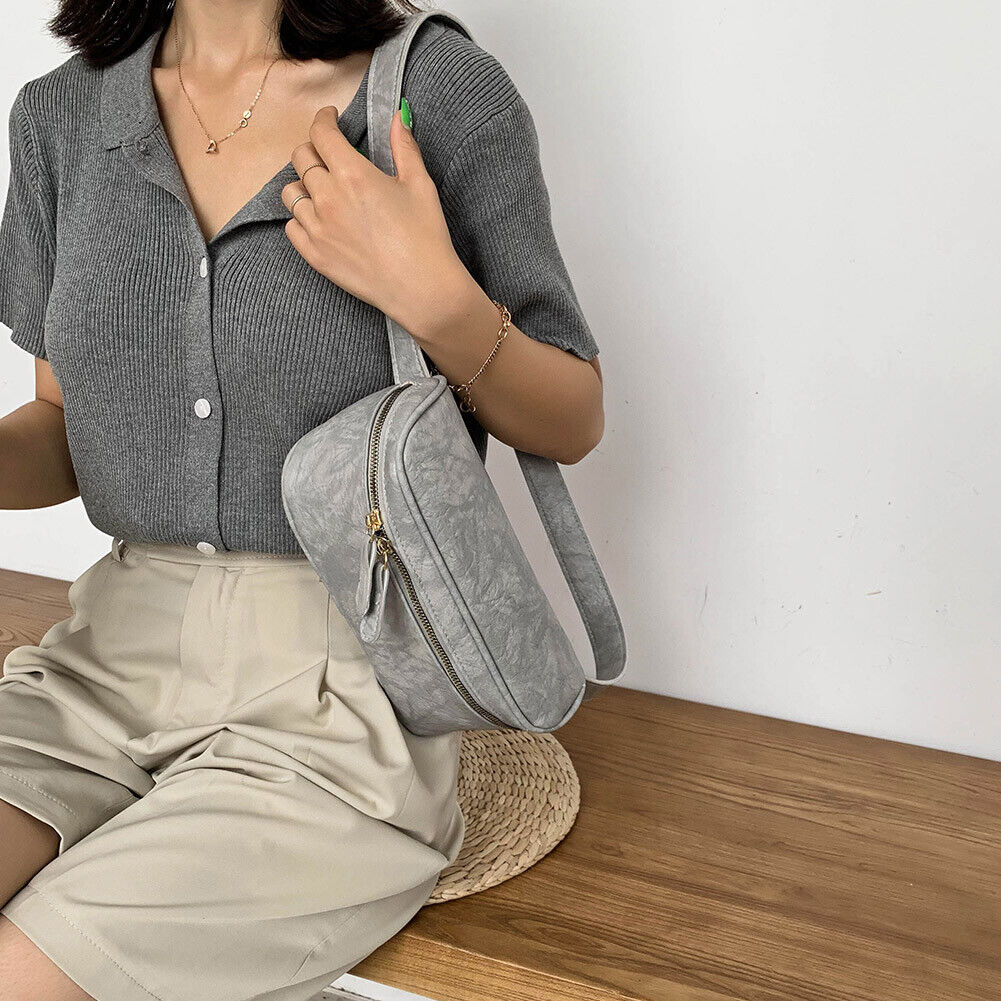 Fashion PU Shoulder Bag Women Solid Fanny Zip Chest Crossbody Pack (Grey)