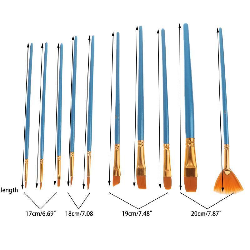 10Pc Acrylic Paint Brush Nylon Hair Watercolor Flabellum Pointed Tip Artists Set