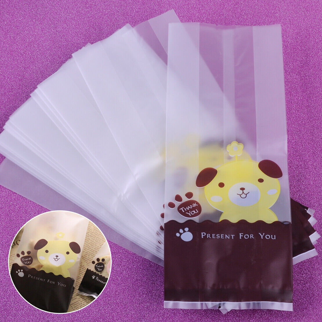 100x BOPP Cute Dog Cat Puppy Plastic Candy Cookie Bags Biscuit Gift Bag Li