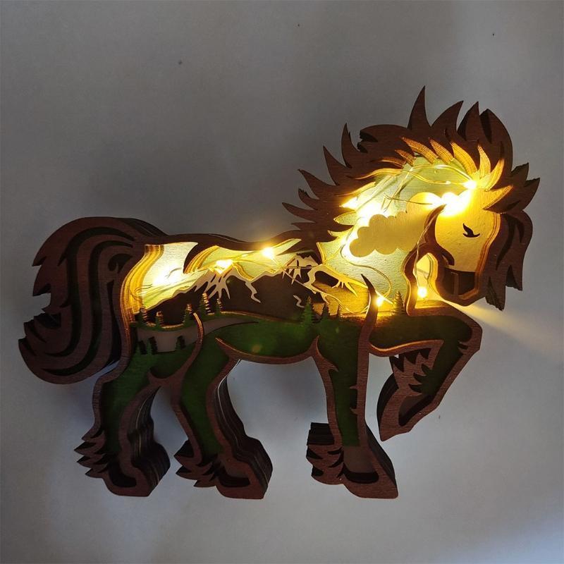 Wood Horse Ornament Glowing Multi Layer Sculpture Crafts for Home Ornaments