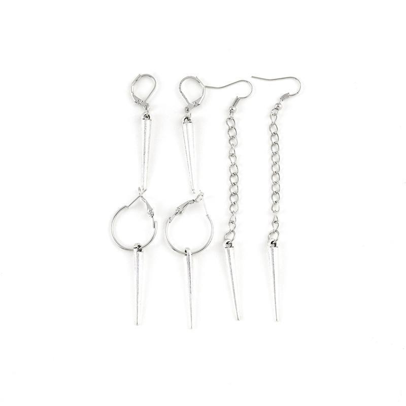 3 Pairs Punk Rock Metal Cone Circle Hoop Earrings Long Chain Dangle Earrings