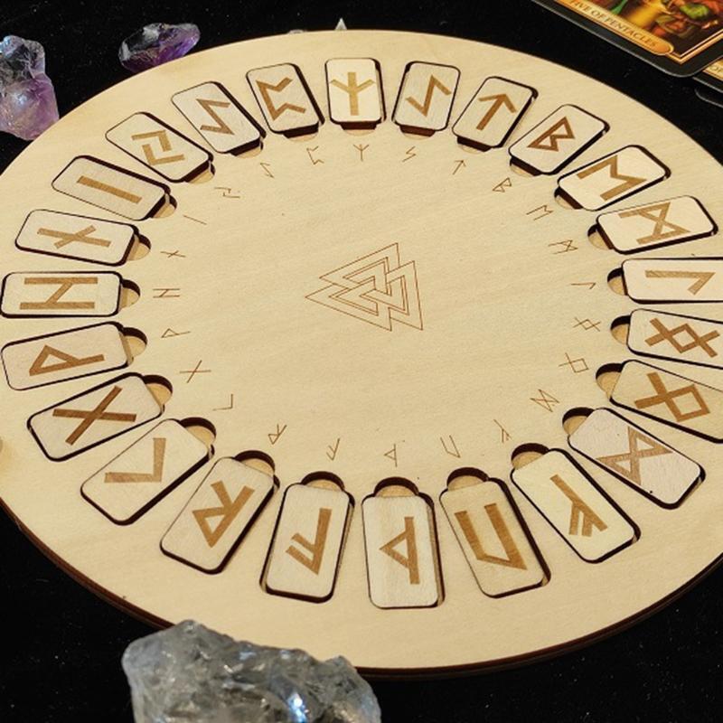 Wooden Runes Divination Engraved Board Wiccan Symbols Signs Altar Round Tile