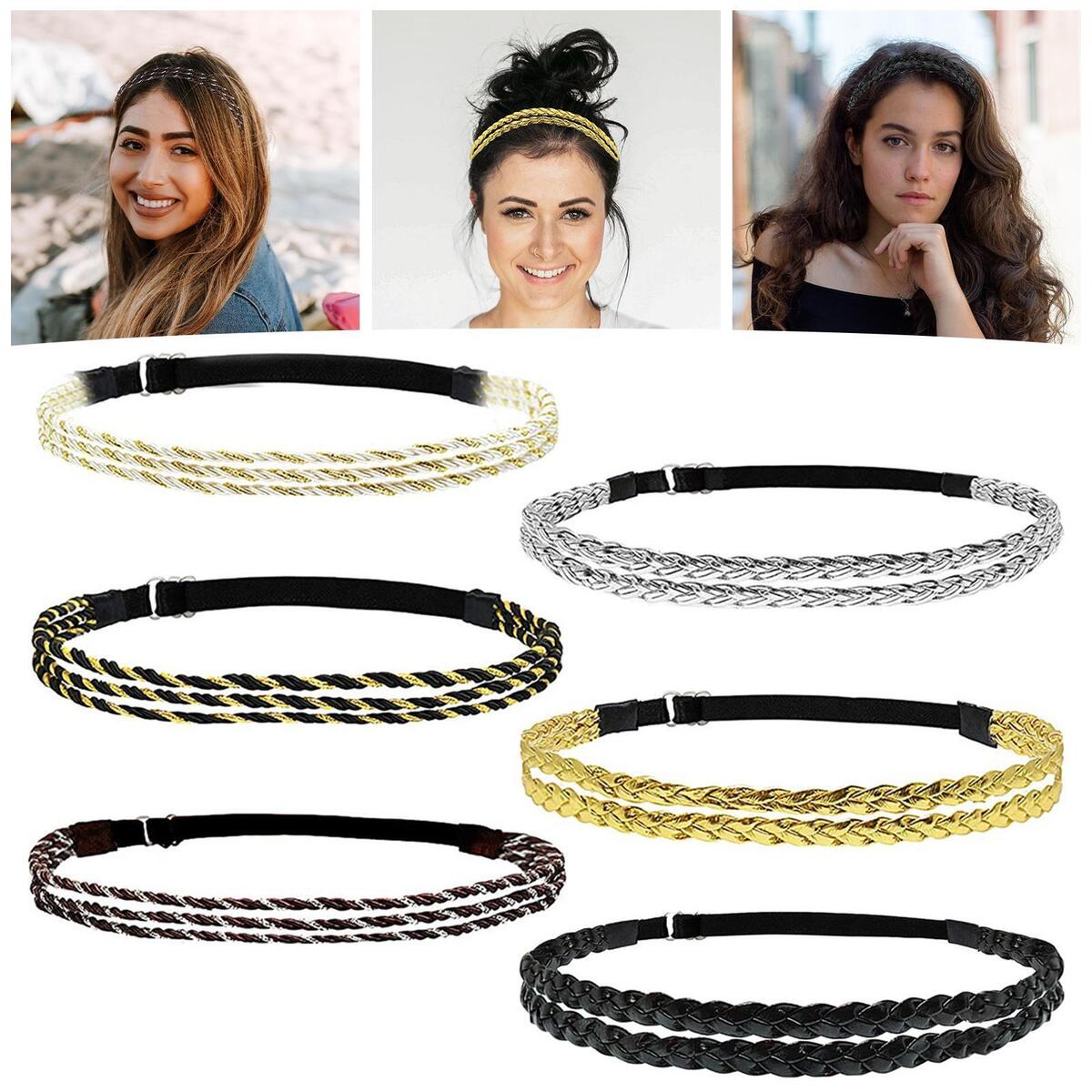 6x Braided Headbands Double Triple Strand Bohemian Style Plaited Boho Adjustable