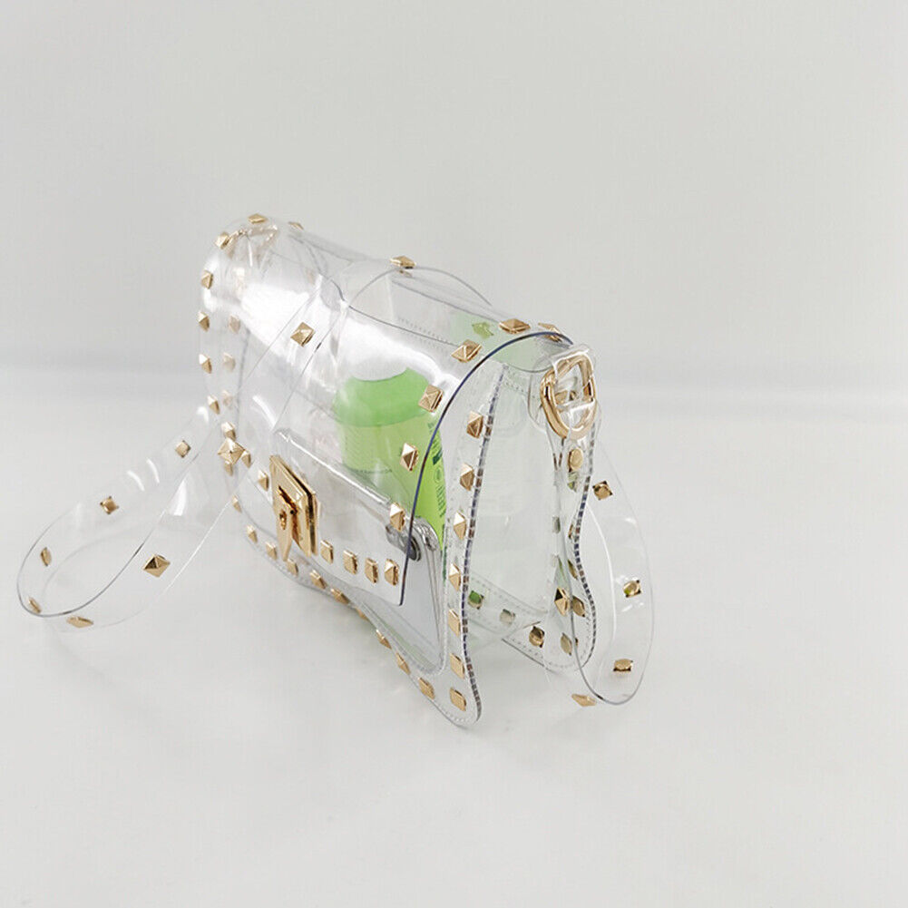 Women PVC Transparent Rivet Shoulder Bag Lady Casual Flap Crossbody Bag