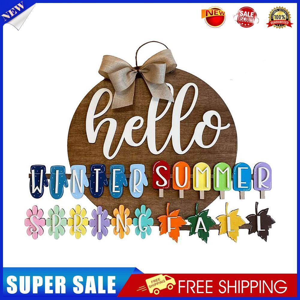 Seasonal Hello Sign Front Garland Doorplate Wooden Wall Hanging Decoration