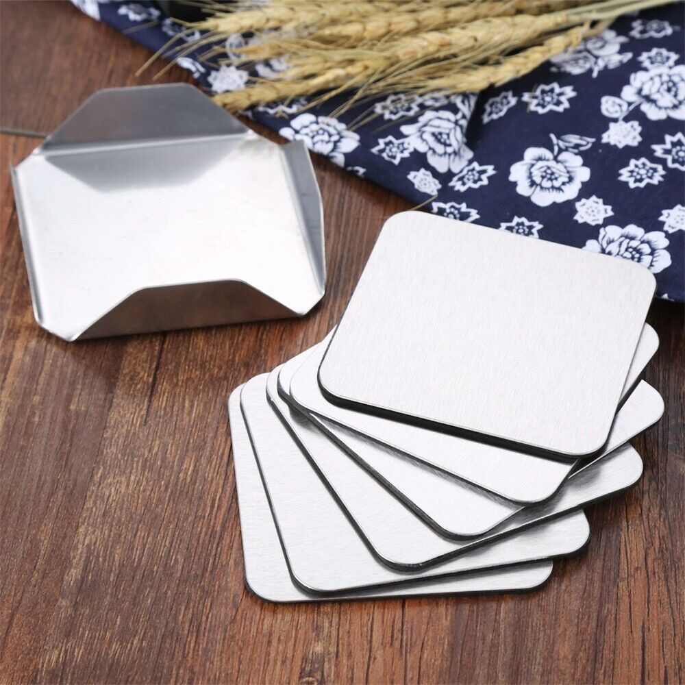 6pcs/Set Stainless Steel Coaster Cup Mats Pads Non-slip Pad With Holder Square