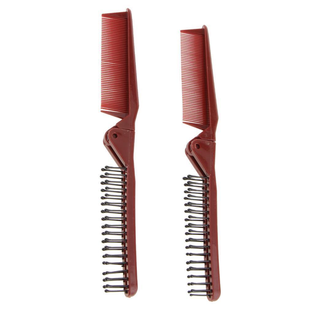 2Pcs Double Sided  Brush Pocket Folding Travel Comb Anti-static Wine Red