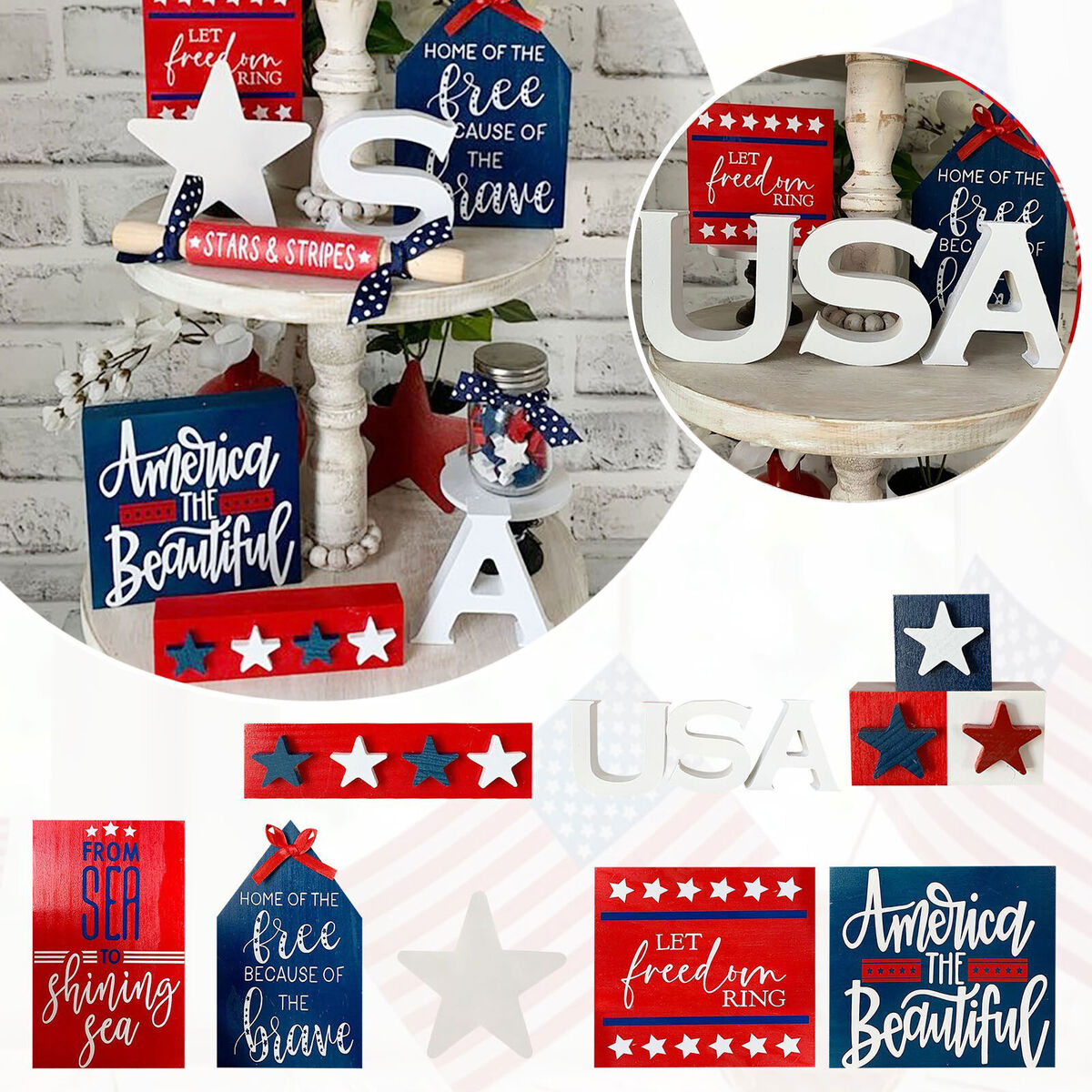 Independence Day Patriotic Ornaments - Blue Red & White Wooden Craft Decor