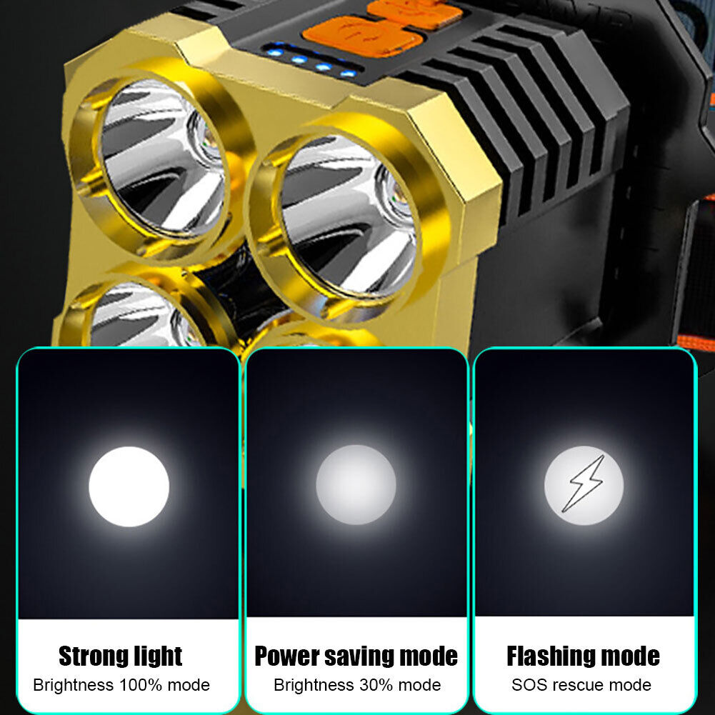 4LED Strong Headlight Flashlight USB Waterproof Camping Fishing Headlamp