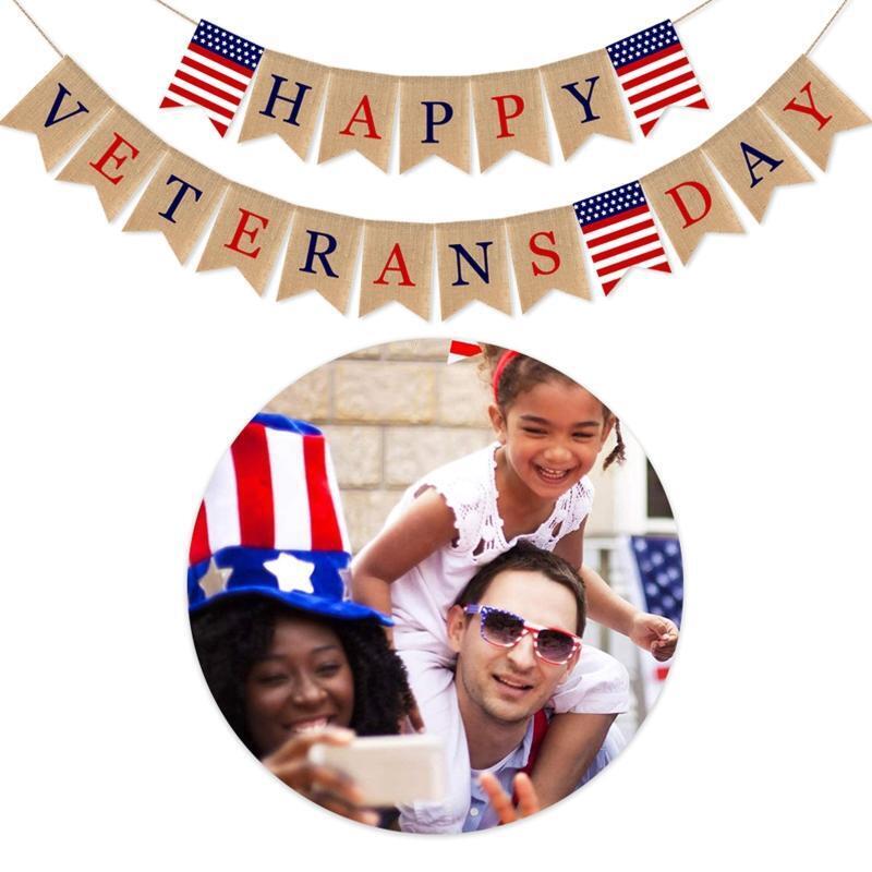 Happy Veterans Day Burlap Banners Holiday Party Decor Flag Fireplace Ornament