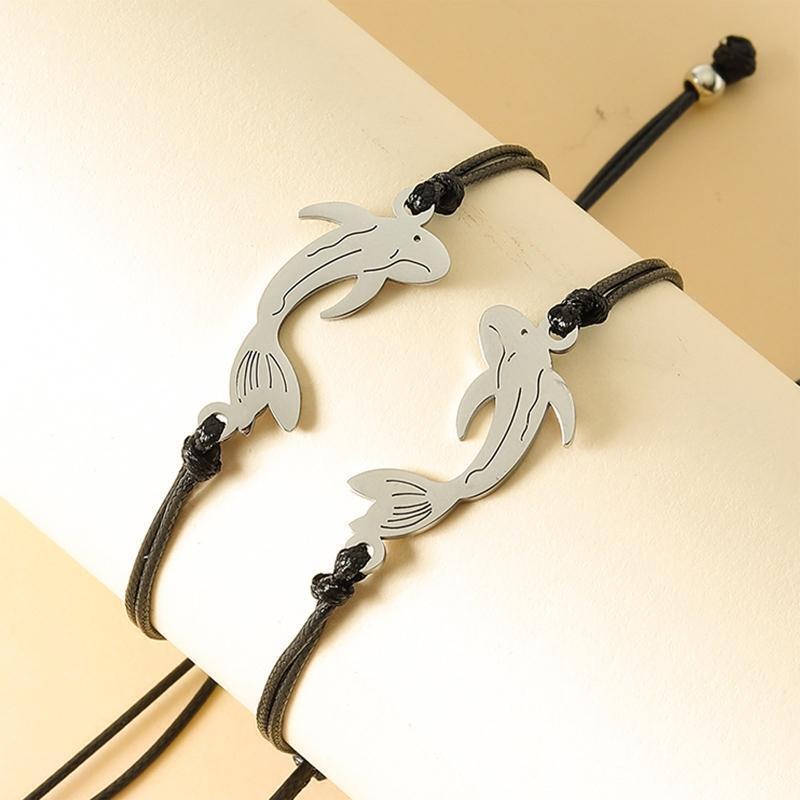 2Pcs Stainless Steel Yin Yang Pendant Bracelet Fish Yin Yang Adjustable Cord