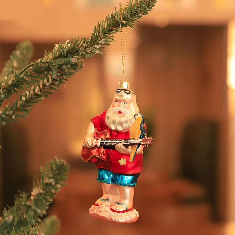 Christmas Beach Santa Claus Play Guitar with Parrot Ornament Xmas Tree Pendant